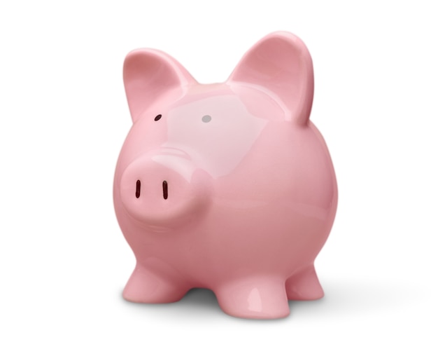 Pink piggy bank on white background