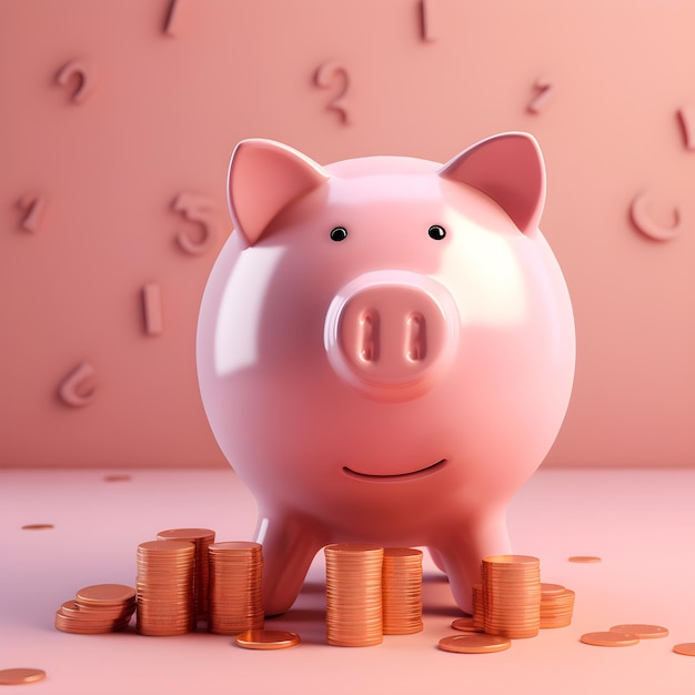 A pink piggy bank with a bunch of coins around it.