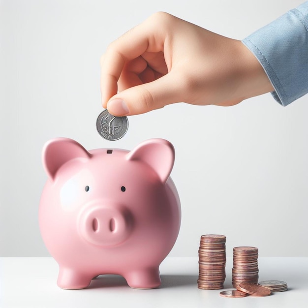 a pink piggy bank with a coin being held in front of it