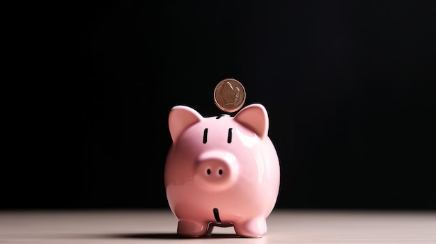 A pink piggy bank with a coin on top of it