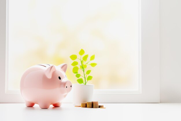 Pink piggy bank with coins on white table with green sprout in pot opposite window with blurred view