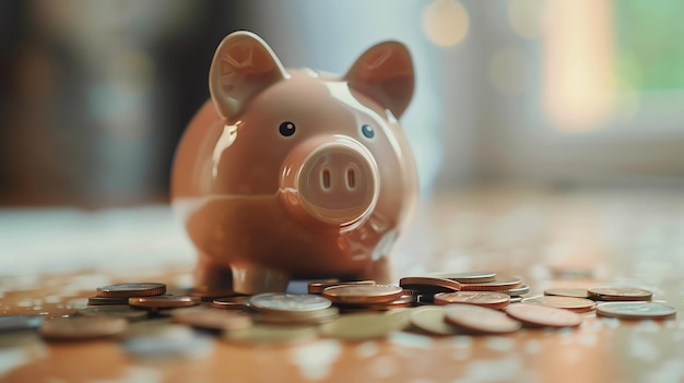 Pink piggy bank with coins on a wooden table