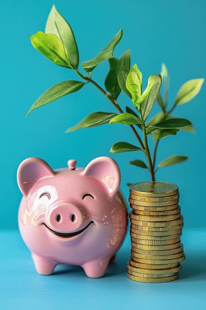 Photo pink piggy bank with coins