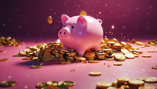 a pink piggy bank with gold coins and a pink background with gold coins