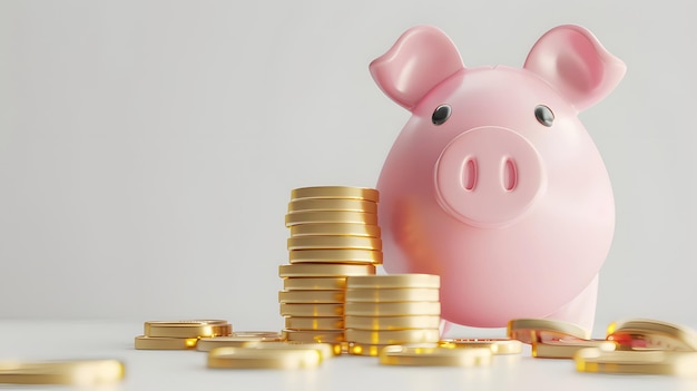 a pink piggy bank with gold coins and a pink piggy bank with gold coins