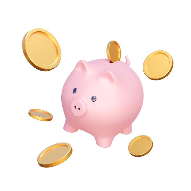 Pink piggy bank with gold coins on a white background for finance banking and marketing