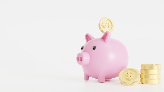 Pink piggy bank with gold coins on a white background, saving money wealth and financial and start saving concept, 3D rendering illustration