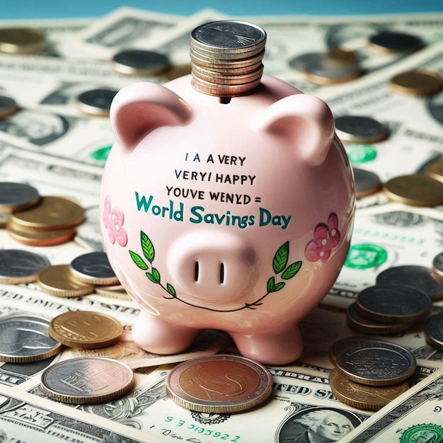 Photo a pink piggy bank with a happy world written on it