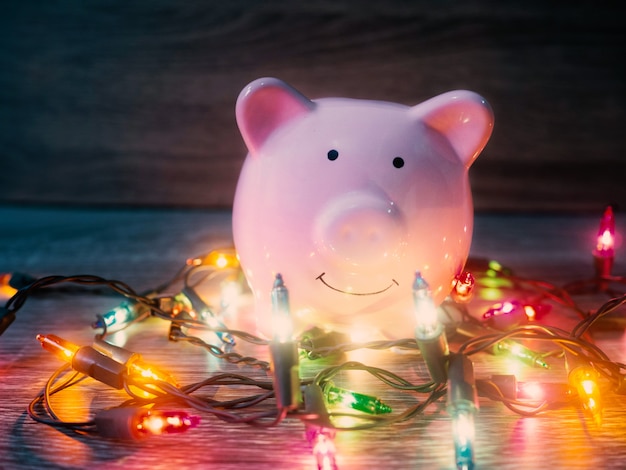 Pink piggy bank with Party lights, Enjoy savings for the holidays concept.