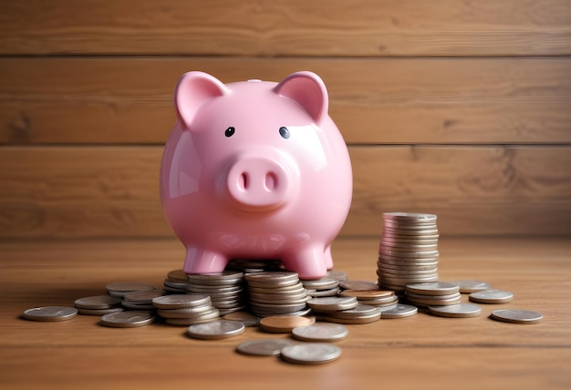 a pink piggy bank with a stack of coins on top of it