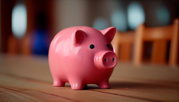 Pink piggy bank on a wooden table Generative AI