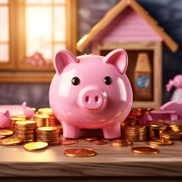 pink piggybank of a toy house with coins on the table