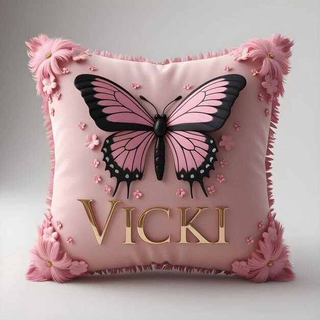 a pink pillow with a butterfly on the front