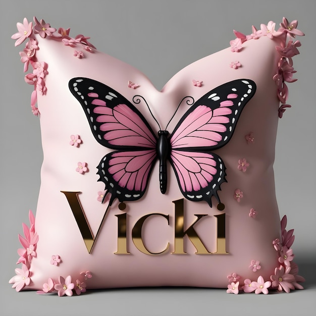 a pink pillow with a butterfly on the front