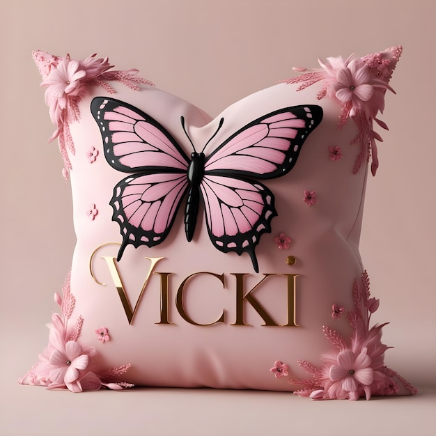 a pink pillow with a butterfly on the front