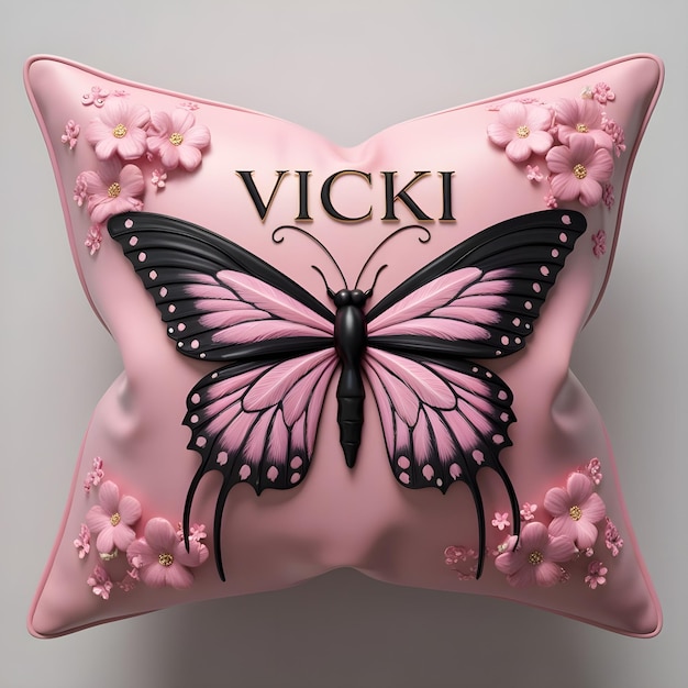 a pink pillow with a butterfly on the front