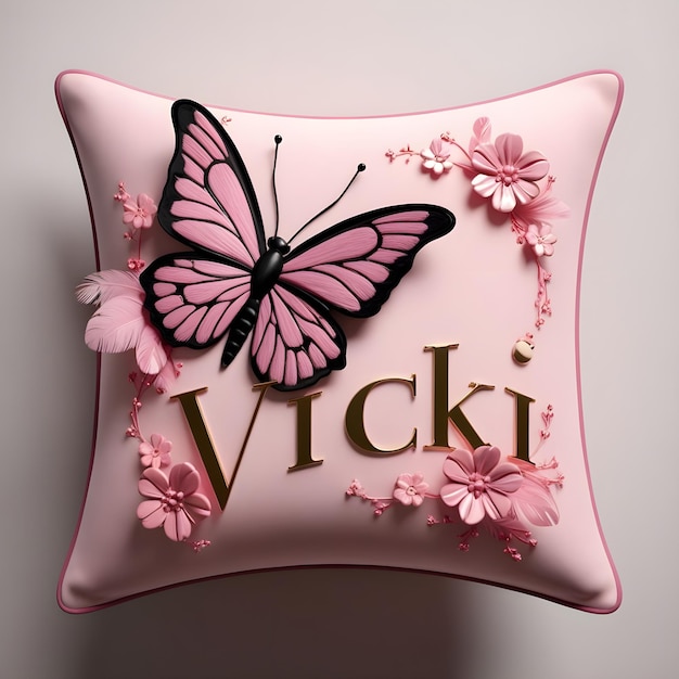 a pink pillow with a butterfly on the front