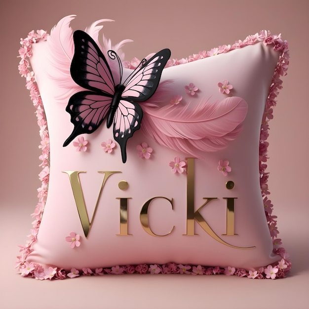 a pink pillow with a butterfly on the front