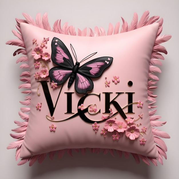 a pink pillow with a butterfly on the front