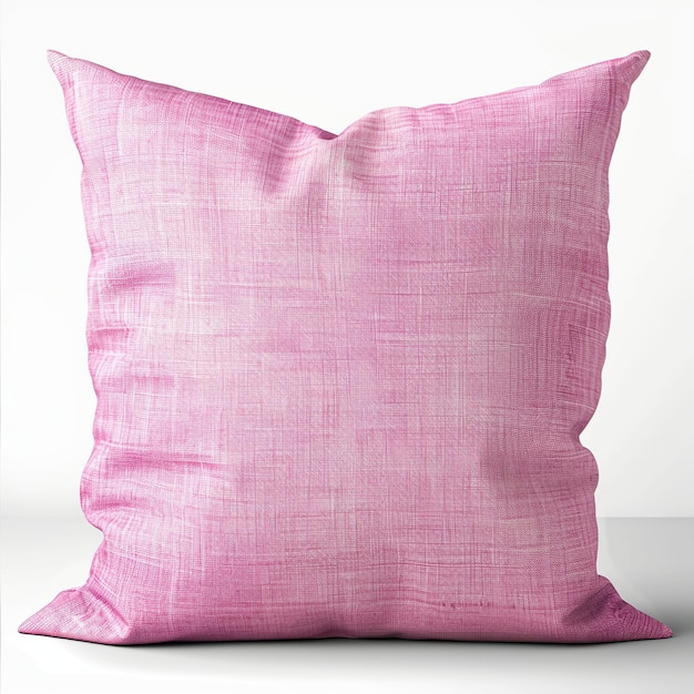 a pink pillow with a white stripe on it sits on a white table