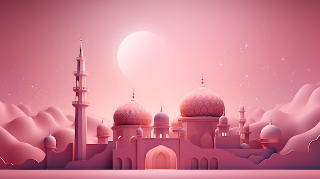 a pink and pink image of a mosque with a full moon in the background