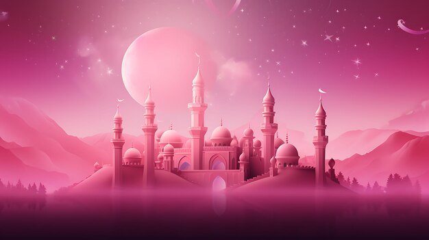 a pink and pink image of a mosque with a pink moon in the background