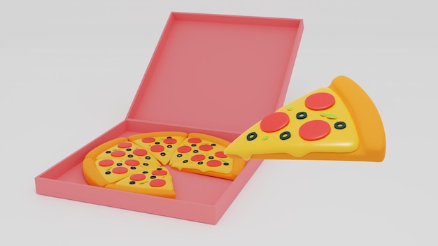 A pink pizza box with a slice of pizza inside.