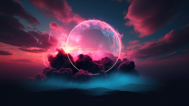 A pink planet in the sky with a blue circle in the middle