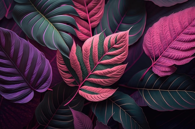 Pink plant leaves background floral tropical pattern AI generation