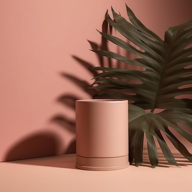 A pink plant sits on a pink surface with a green leaf.