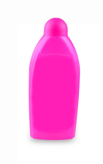 Pink plastic bottle with household chemicals on a white background.