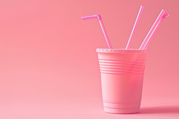 Photo a pink plastic cup with three straws in it