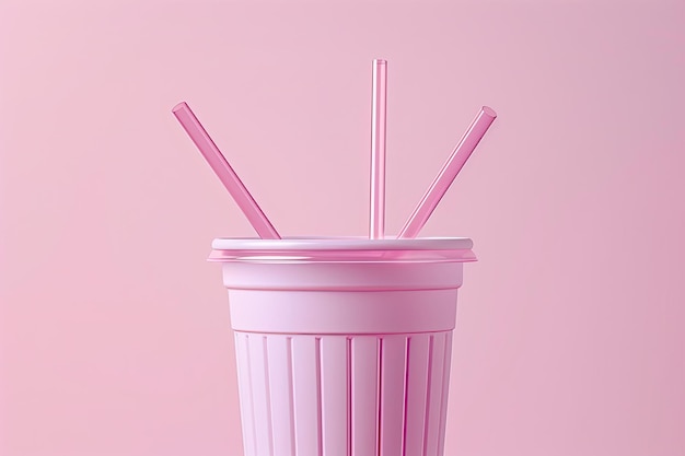 Photo a pink plastic cup with three straws in it