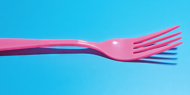 Photo pink plastic fork on blue background minimalist still life photography