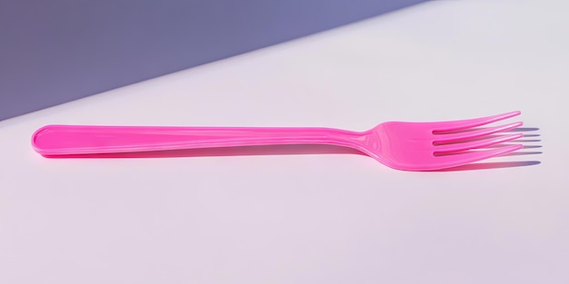 Photo pink plastic fork on white background minimalist kitchenware photography