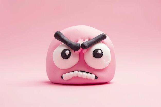 Photo pink plasticine angry emoji with black eyebrows on pastel pink background