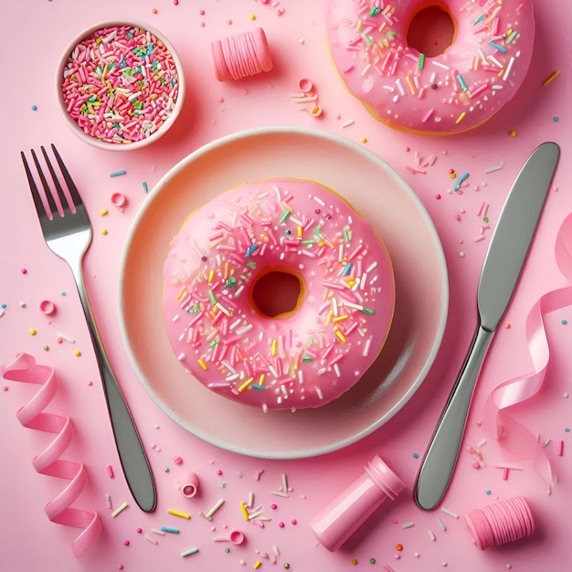 a pink plate with donuts and sprinkles on it