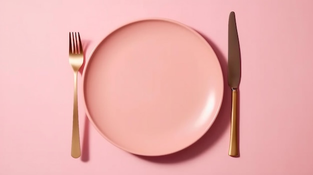 A pink plate with a knife and fork on a pink background