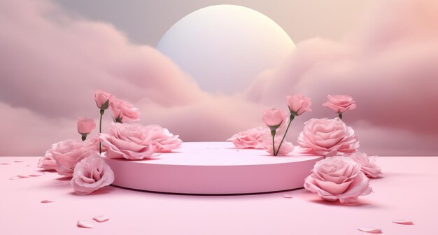 a pink platform on an empty space between pink roses