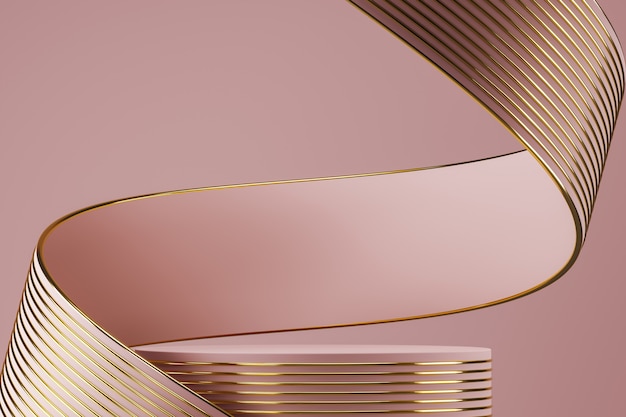 Pink podium on abstract soft background pink ribbon and gold line texture bending around podium