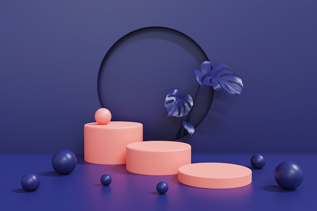 Photo pink podium on blue, abstract geometric cylinder podium