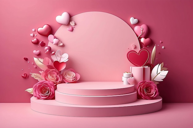 Pink podium display background products for valentine s day in love platform stand to show cosmetic with craft style symbols of love for happy vector design