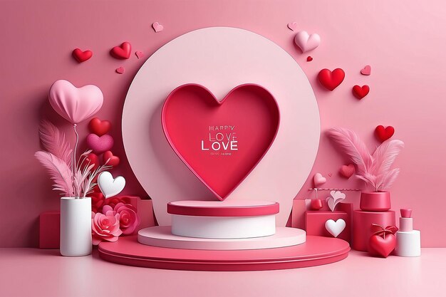 Pink podium display background products for valentine s day in love platform stand to show cosmetic with craft style symbols of love for happy vector design