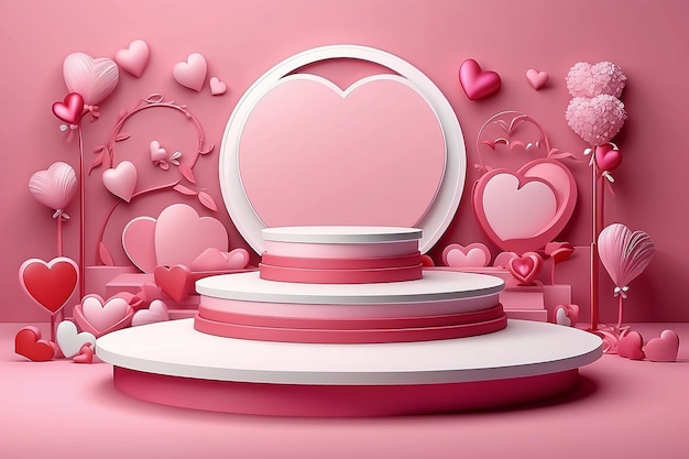 Pink podium display background products for valentine s day in love platform stand to show cosmetic with craft style symbols of love for happy vector design