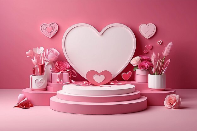 Pink podium display background products for valentine s day in love platform stand to show cosmetic with craft style symbols of love for happy vector design