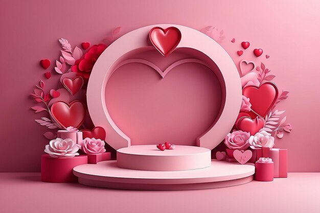 Pink podium display background products for valentine s day in love platform stand to show cosmetic with craft style symbols of love for happy vector design