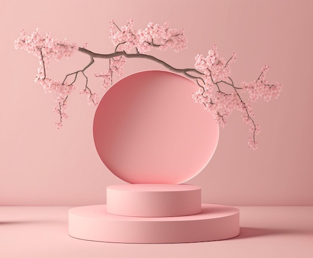 Pink Podium Display Sakura Pink Flower Background Cosmetic or Beauty Product Promotion Step Floral