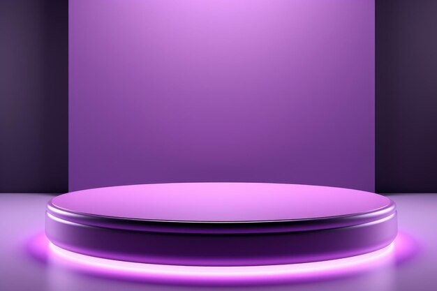 Photo pink podium presented in a purple square room equipped with neon lights