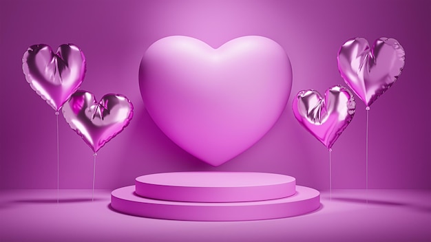 Pink podium for product placement in valentines day with heart balloons