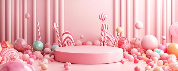 Pink podium for product presentation surrounded by colorful candy and lollipops on pink background with vertical stripes